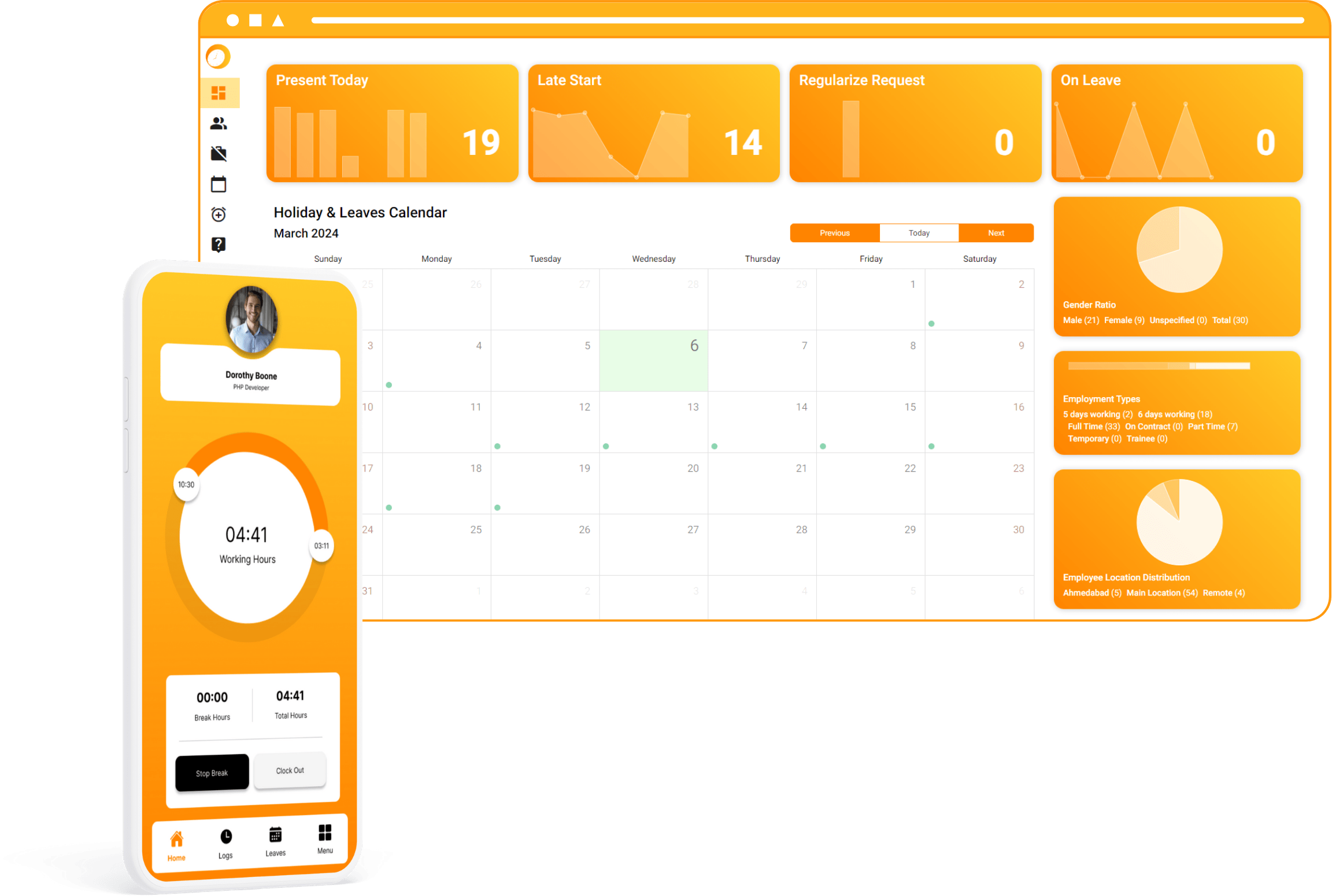 Face recognition attendance app with GPS verifying employee clock-in on mobile (PWA)